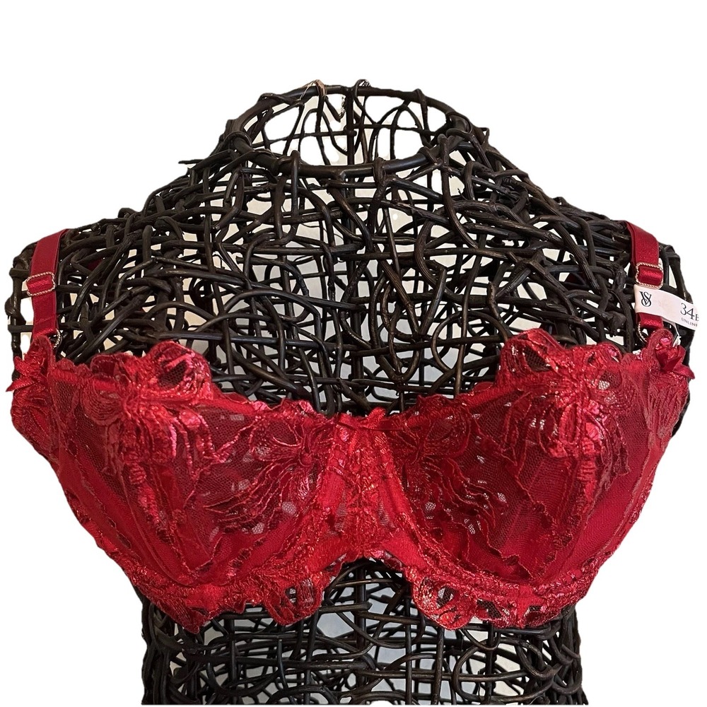 Victoria's Secret Wicked Unlined Bow‎ Embroidery Bra 34B Red Sexy Coquette